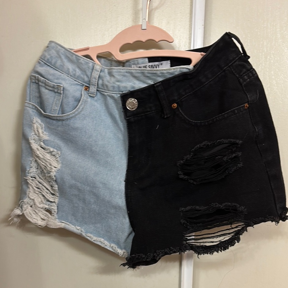Women's Black and Light Blue Jean Shorts
